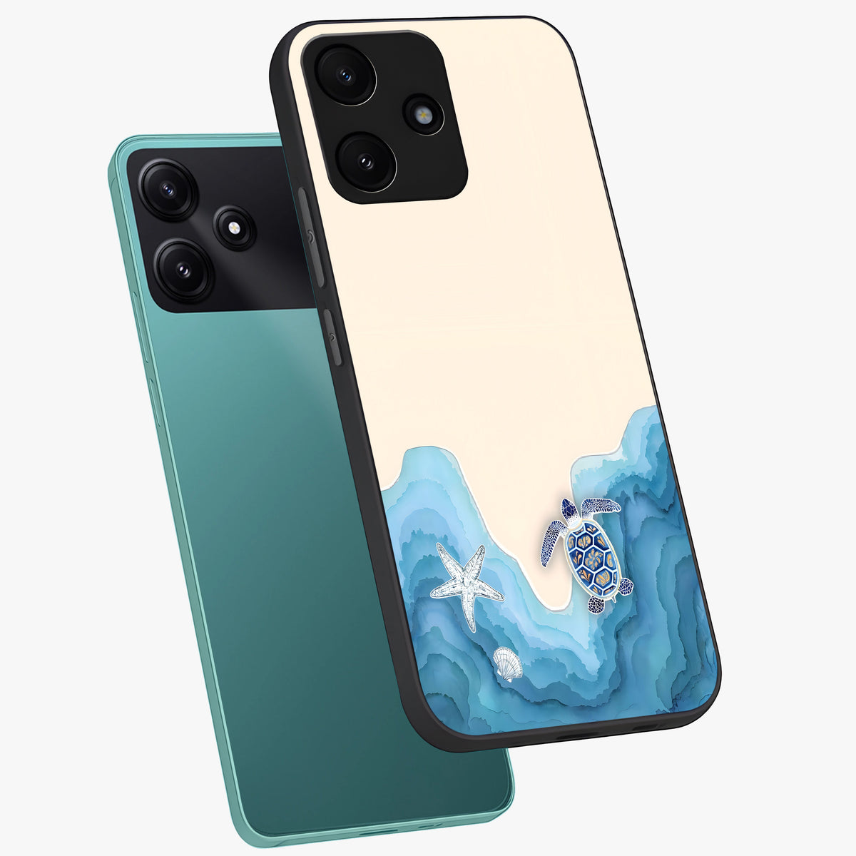 Ocean Drift Turtle Glass Case displayed in angled mockup highlighting peaceful ocean turtle illustration with marine aesthetic.