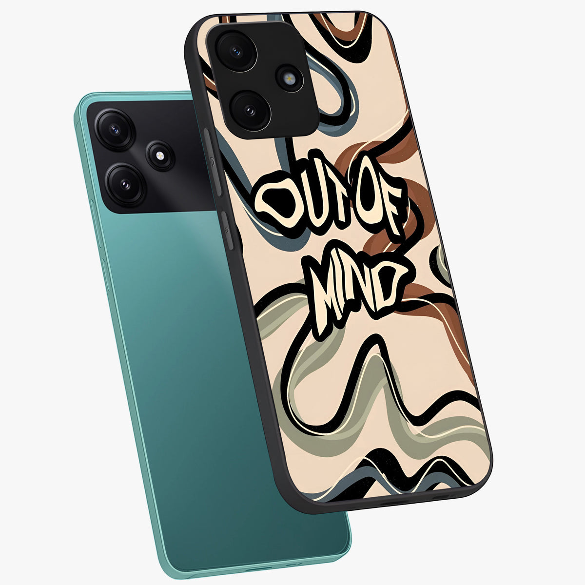 Out Of Mind Glass Case displayed in angled mockup highlighting bold statement design with modern artistic aesthetic.