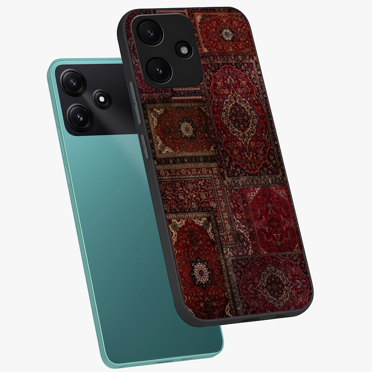 Persian Velvet Tale Glass Case displayed in angled mockup highlighting ornate textile inspired design with royal aesthetic.