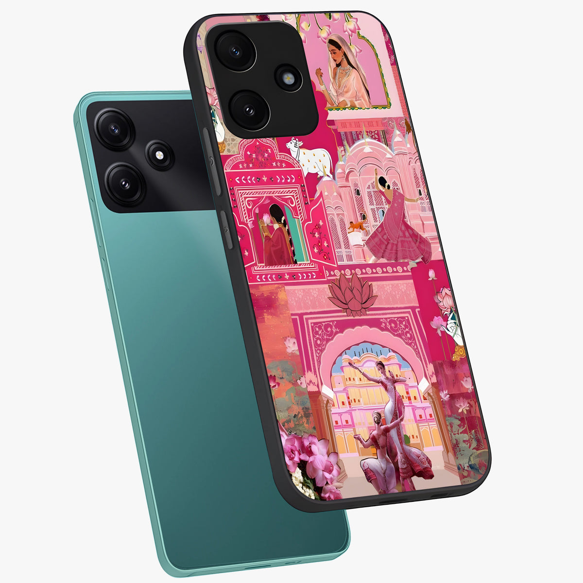 Pink Palace Muse Glass Case displayed in angled mockup highlighting dreamy palace illustration with soft pink aesthetic.
