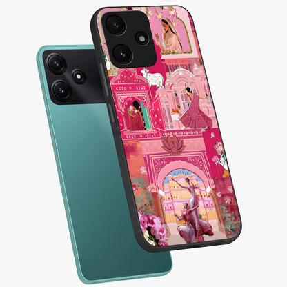 Pink Palace Muse Glass Case displayed in angled mockup highlighting dreamy palace illustration with soft pink aesthetic.