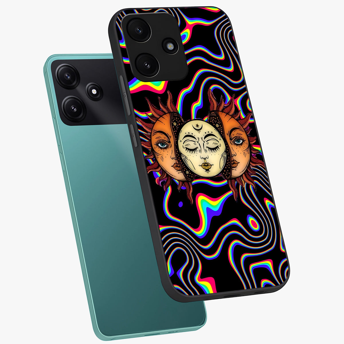 Psychedelic Sun Glass Case displayed in angled mockup highlighting vibrant abstract sun design with artistic aesthetic style.