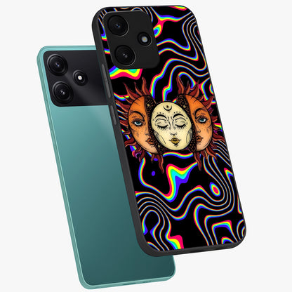 Psychedelic Sun Glass Case displayed in angled mockup highlighting vibrant abstract sun design with artistic aesthetic style.