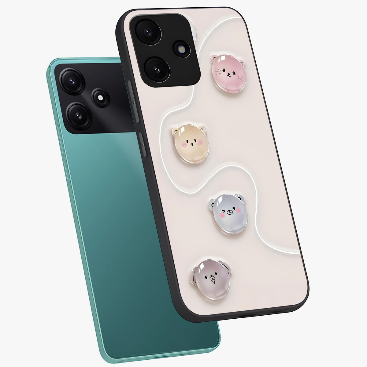 Puffy Face Parade Glass Case displayed in angled mockup highlighting playful cartoon face design with fun aesthetic.