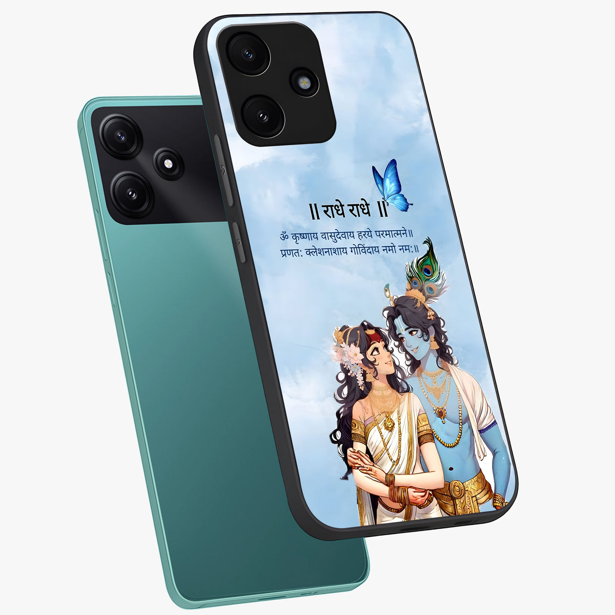 Radha Krishna Eternal Glass Case displayed in angled mockup highlighting divine Radha Krishna illustration with spiritual aesthetic.