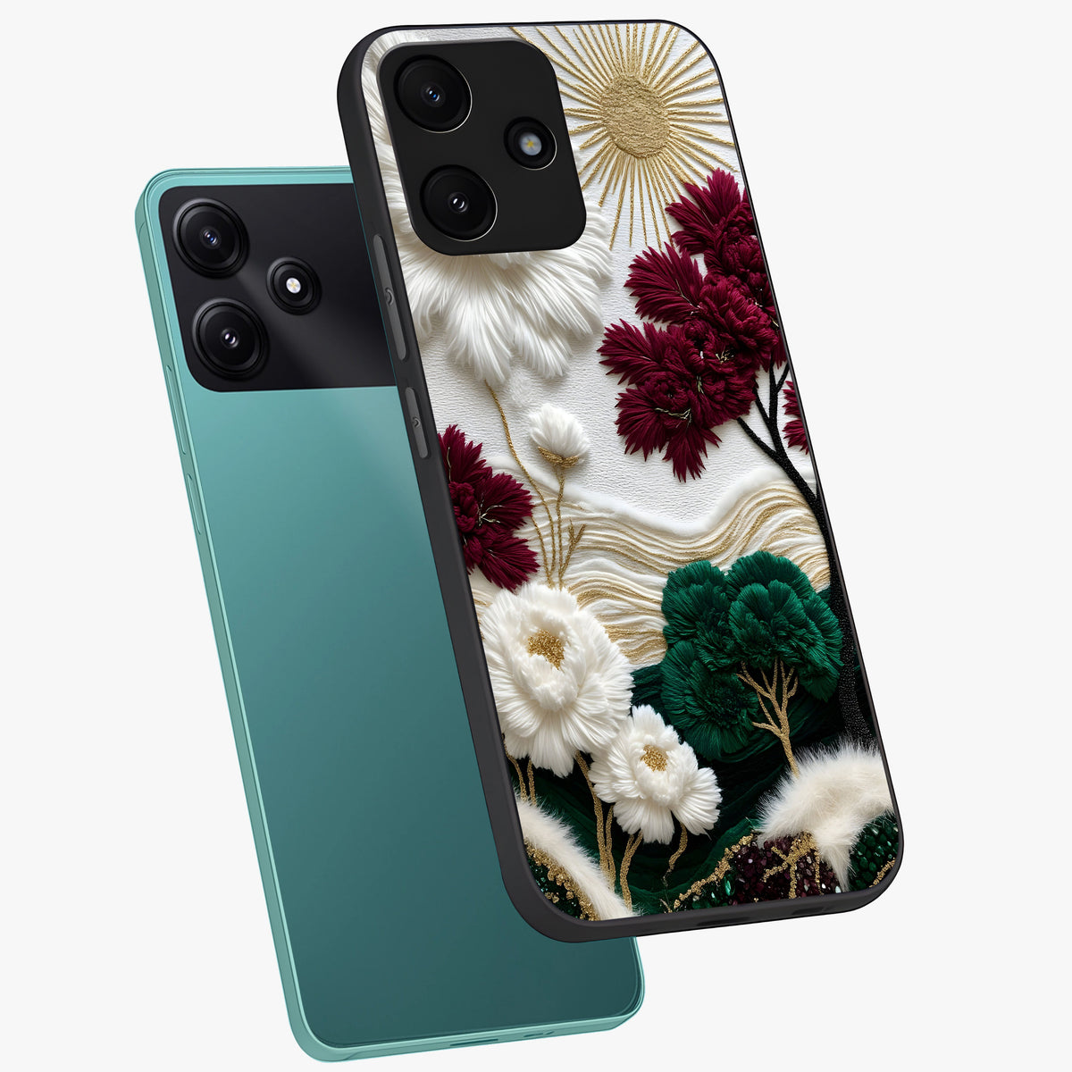 Radiant Bloom Elegance Glass Case displayed in angled mockup highlighting graceful floral design with radiant aesthetic style.