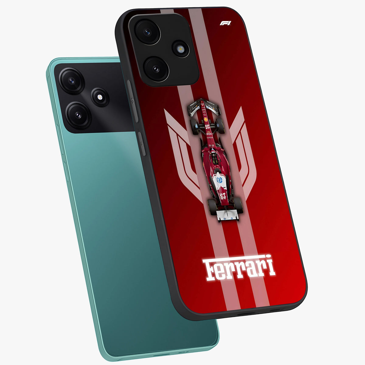Red Ferrari F1 Vertical Glass Case displayed in angled mockup highlighting high speed racing design with bold automotive aesthetic.