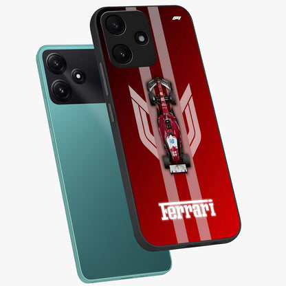 Red Ferrari F1 Vertical Glass Case displayed in angled mockup highlighting high speed racing design with bold automotive aesthetic.