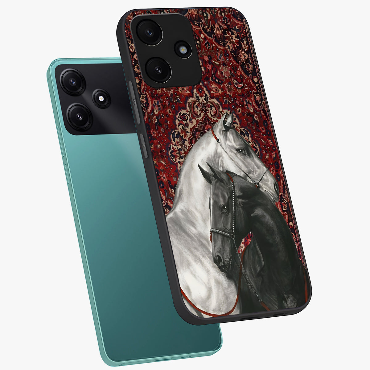 Regal Stallion Tapestry Glass Case displayed in angled mockup highlighting royal stallion design with decorative heritage aesthetic.