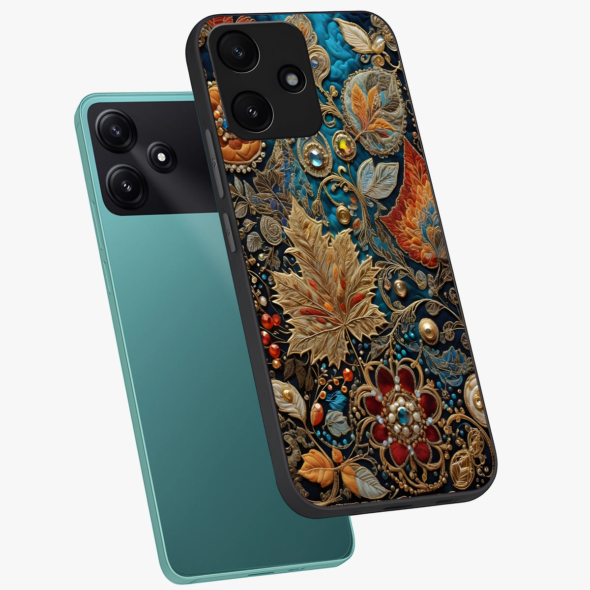 Royal Jewel Garden Glass Case displayed in angled mockup highlighting vibrant jewel inspired floral design with elegant aesthetic.