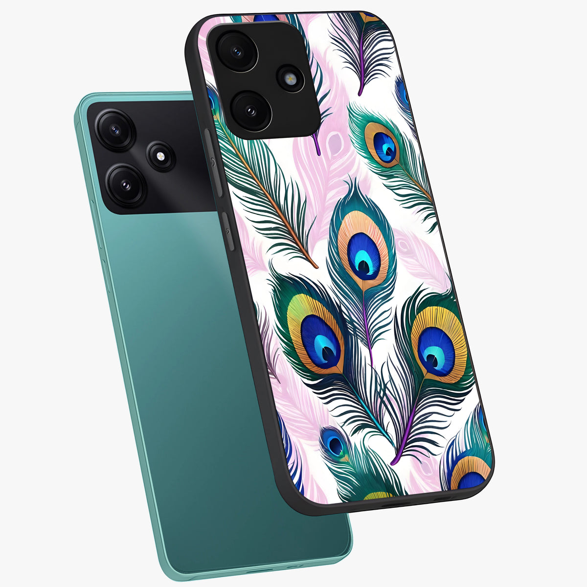 Royal Peacock Feathers Glass Case displayed in angled mockup highlighting vibrant feather pattern with regal aesthetic style.