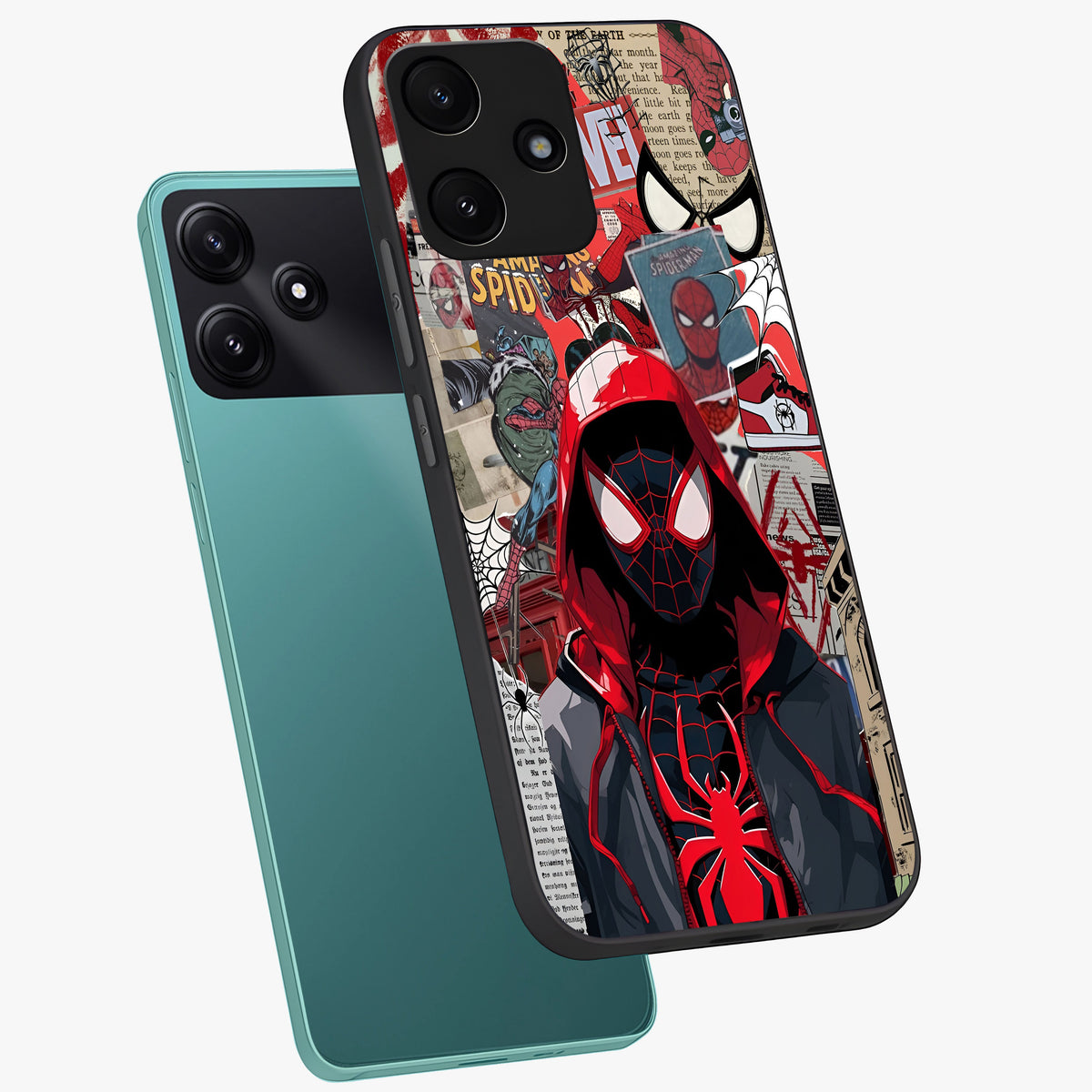 Spider Collage Street Glass Case displayed in angled mockup highlighting dynamic street style collage design with comic aesthetic.