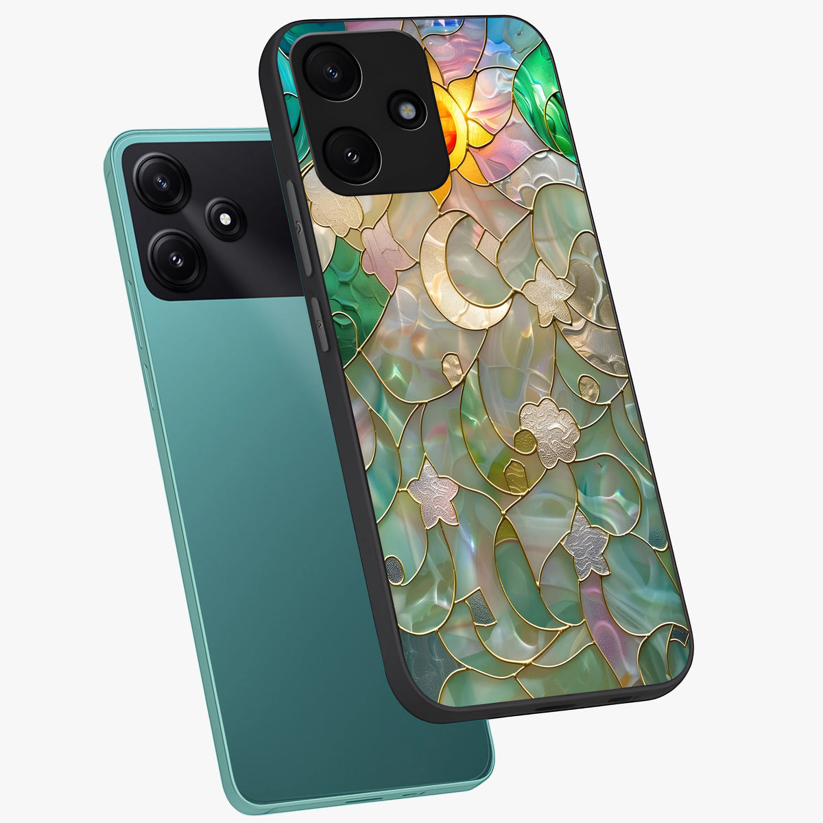 Stained Sunrise Glow Glass Case displayed in angled mockup highlighting radiant sunrise design with artistic aesthetic style.