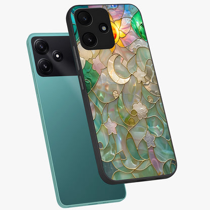 Stained Sunrise Glow Glass Case displayed in angled mockup highlighting radiant sunrise design with artistic aesthetic style.