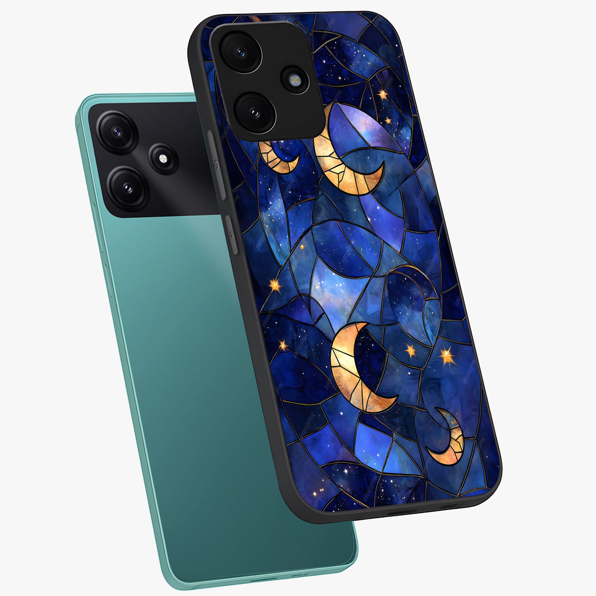 Starlit Sky Tapestry Glass Case displayed in angled mockup highlighting celestial night pattern with artistic aesthetic style.