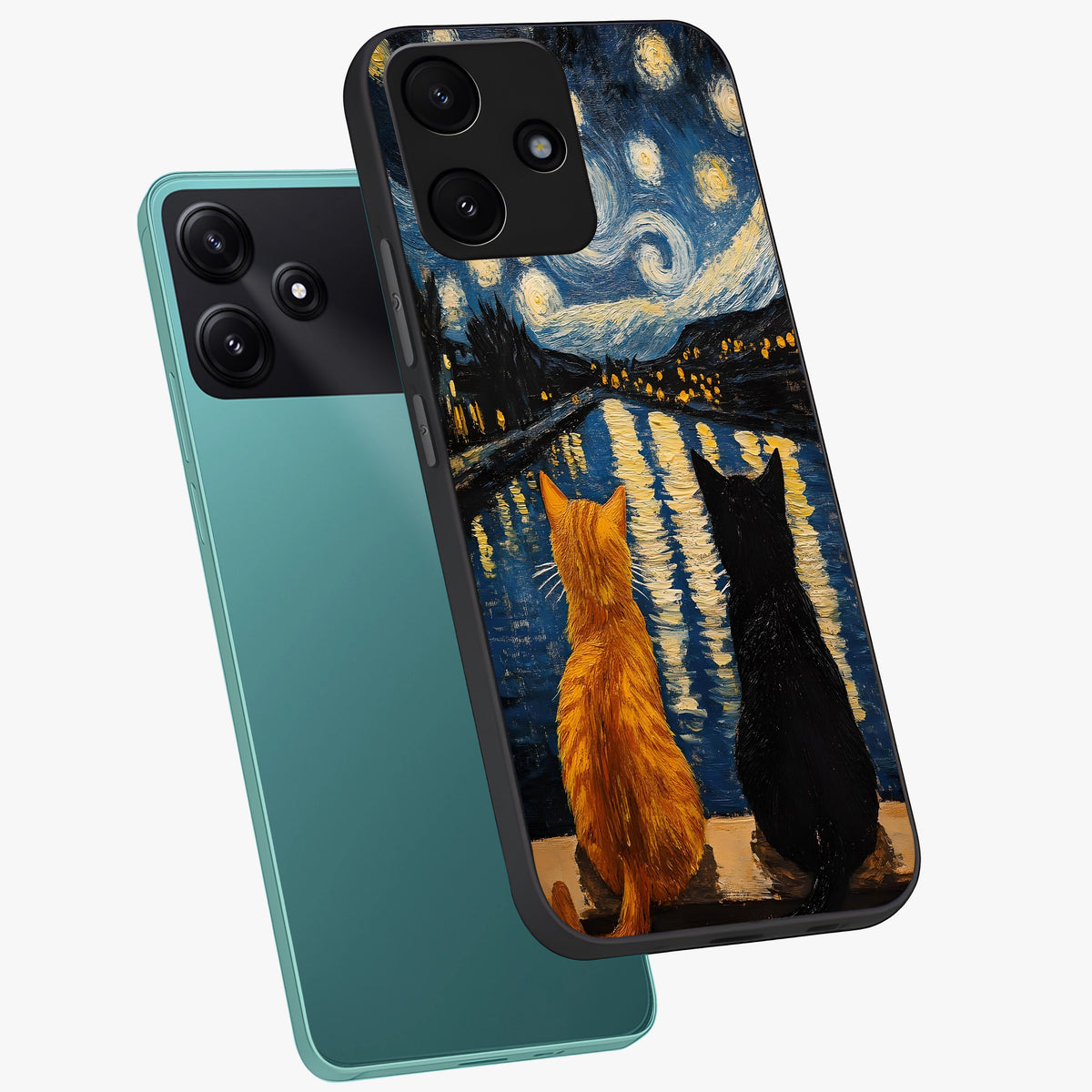 Starry River Cats Glass Case displayed in angled mockup highlighting charming feline illustration with dreamy night aesthetic.