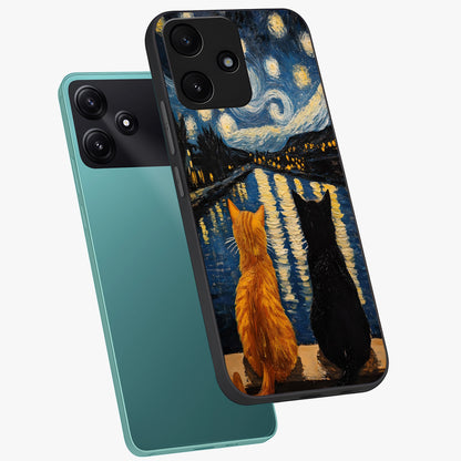 Starry River Cats Glass Case displayed in angled mockup highlighting charming feline illustration with dreamy night aesthetic.