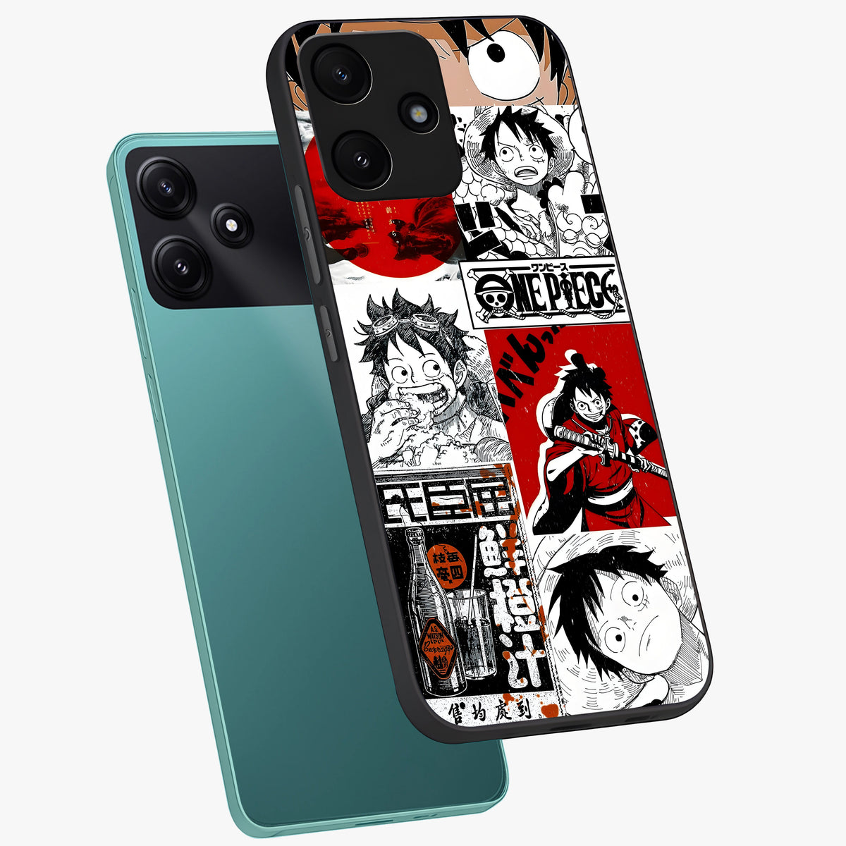 Strawhat Chaos Panels Glass Case displayed in angled mockup highlighting vibrant anime collage design with action aesthetic.