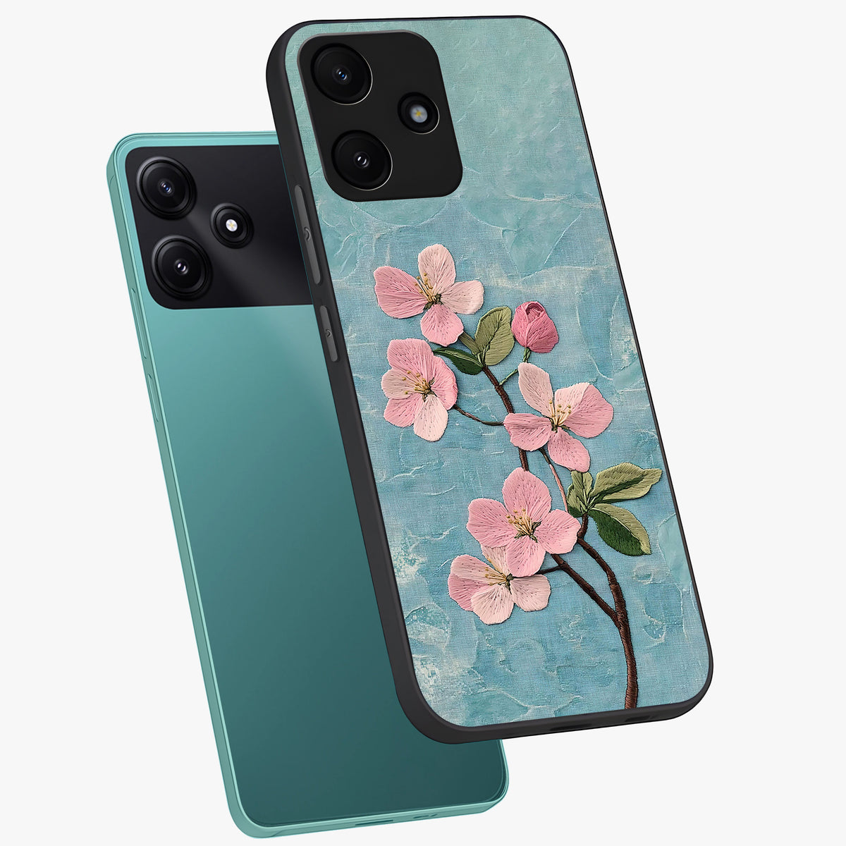 Threaded Blossom Breeze Glass Case displayed in angled mockup highlighting elegant floral design with soft aesthetic style.