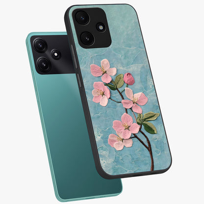 Threaded Blossom Breeze Glass Case displayed in angled mockup highlighting elegant floral design with soft aesthetic style.
