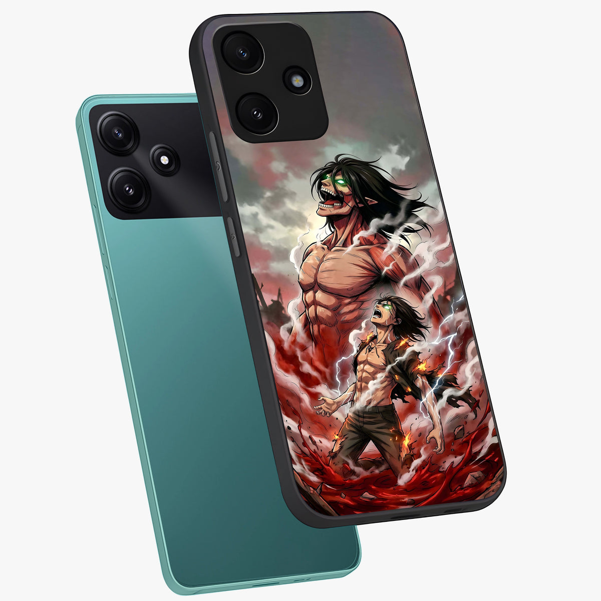 Titan Awakening Fury Glass Case displayed in angled mockup highlighting dramatic giant warrior design with bold anime aesthetic.