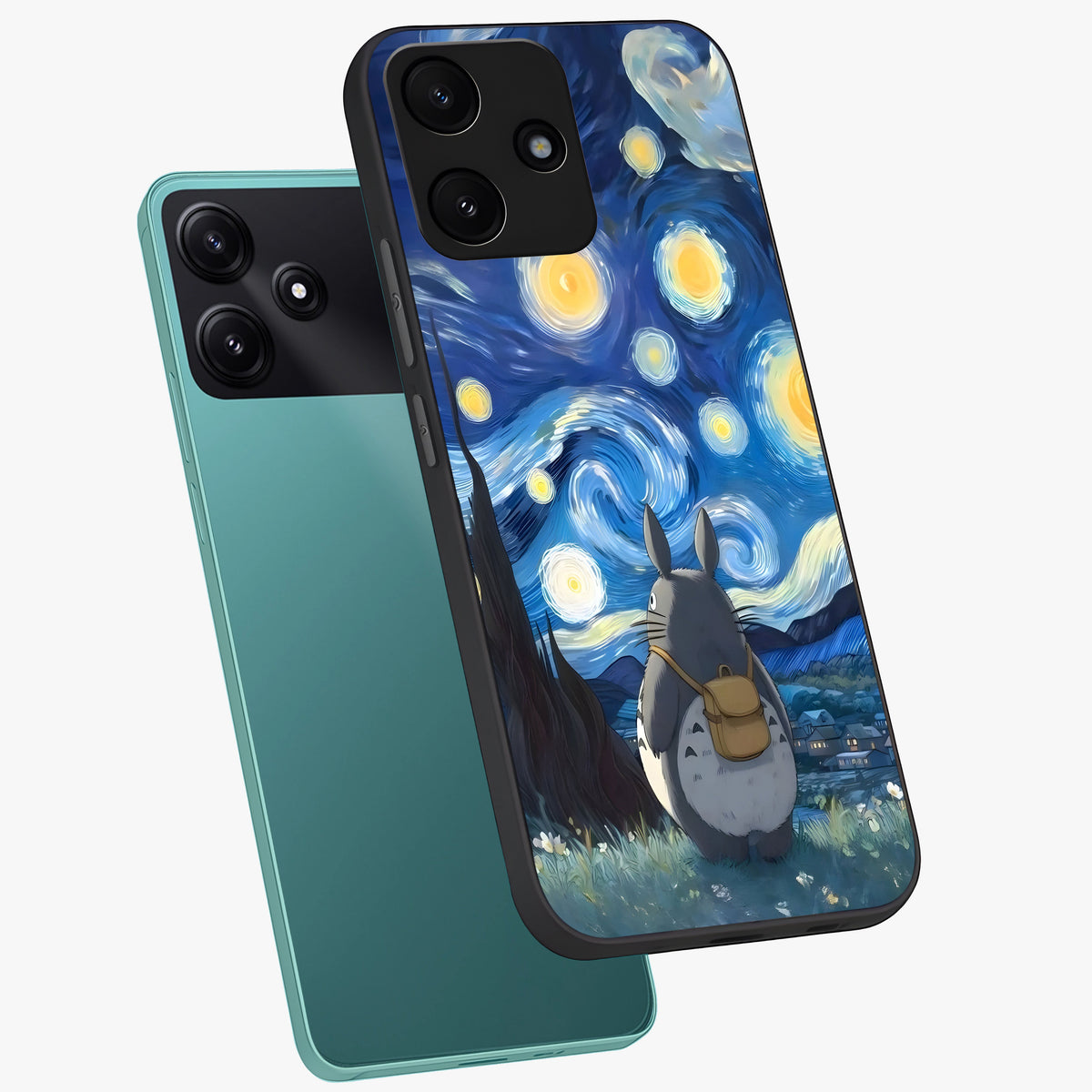 Totoro In Van Gogh Art Glass Case displayed in angled mockup highlighting artistic swirling sky design with playful animation aesthetic.