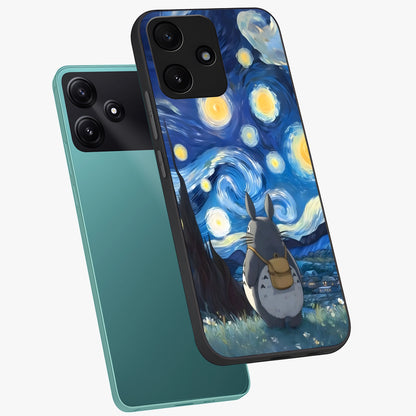 Totoro In Van Gogh Art Glass Case displayed in angled mockup highlighting artistic swirling sky design with playful animation aesthetic.