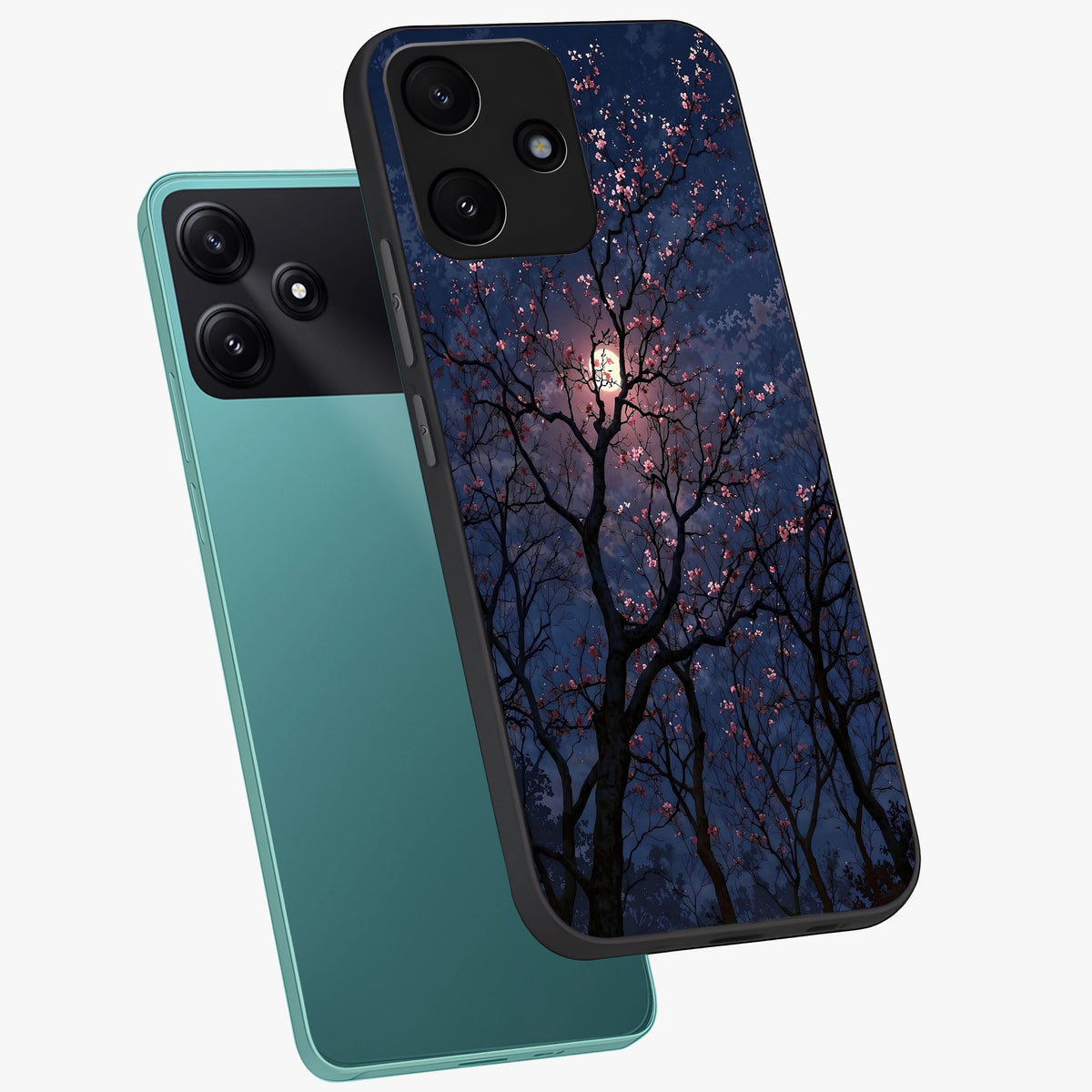 Twilight Sakura Serenade Glass Case displayed in angled mockup highlighting delicate sakura flower design with dreamy aesthetic.