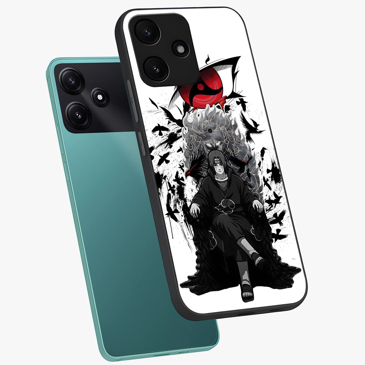 Uchiha Shadow Throne Glass Case displayed in angled mockup highlighting glowing aquatic design with celestial aesthetic.