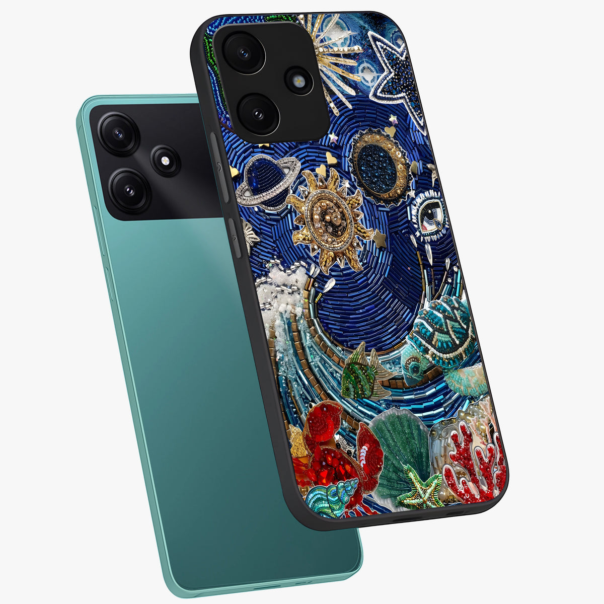 Universe Underwater Spark Glass Case displayed in angled mockup highlighting glowing aquatic design with celestial aesthetic.