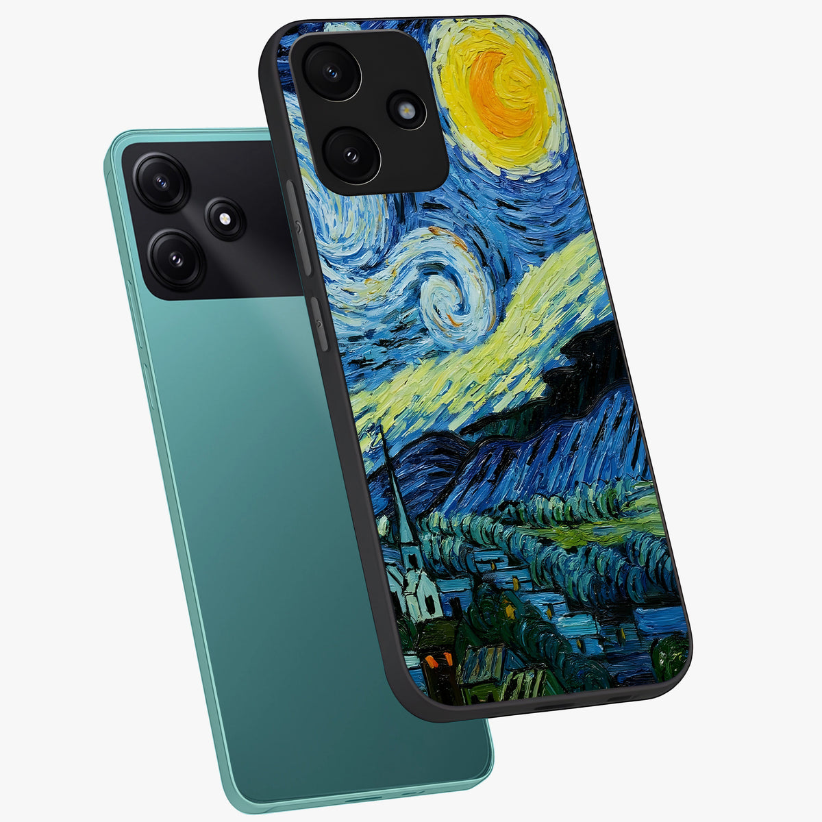 Van Gogh Art Glass Case displayed in angled mockup highlighting swirling brushstroke design with artistic aesthetic.