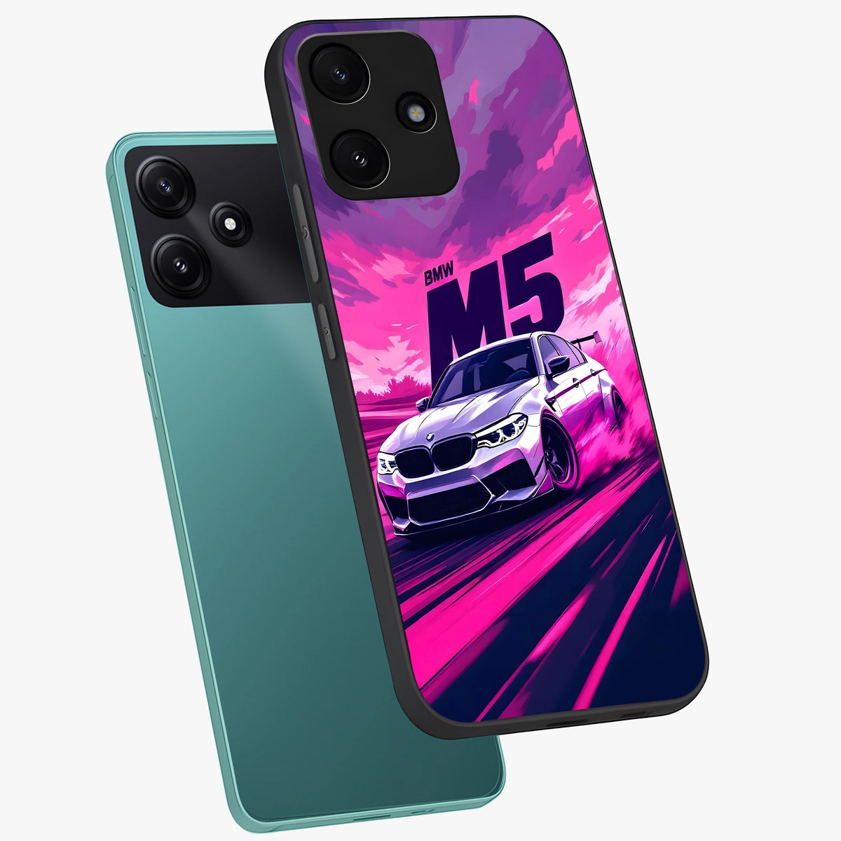 Velocity Drift Pulse Glass Case displayed in angled mockup highlighting dynamic drift design with sporty automotive aesthetic.