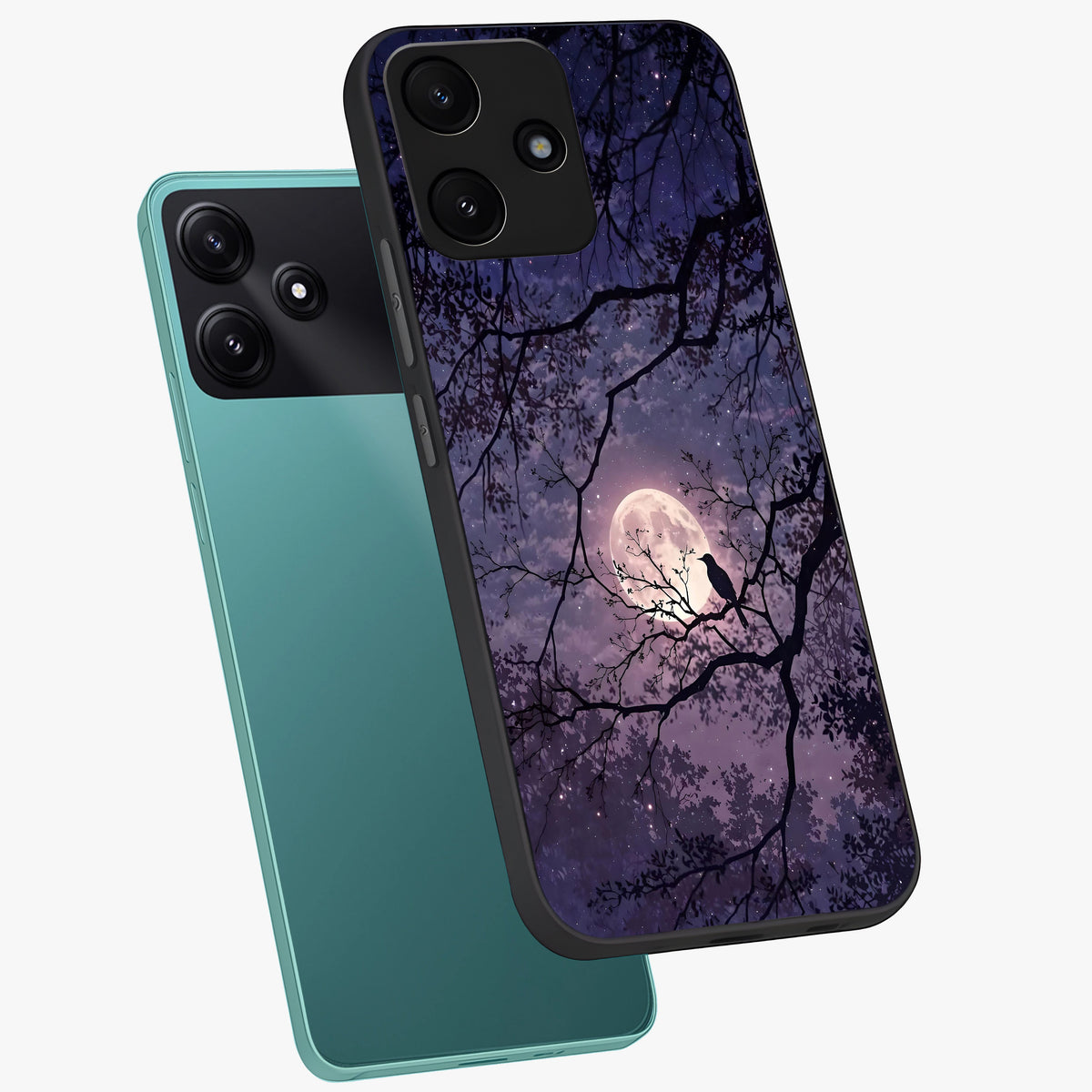 Whispering Moon Silence Glass Case displayed in angled mockup highlighting calm lunar design with dreamy night aesthetic.
