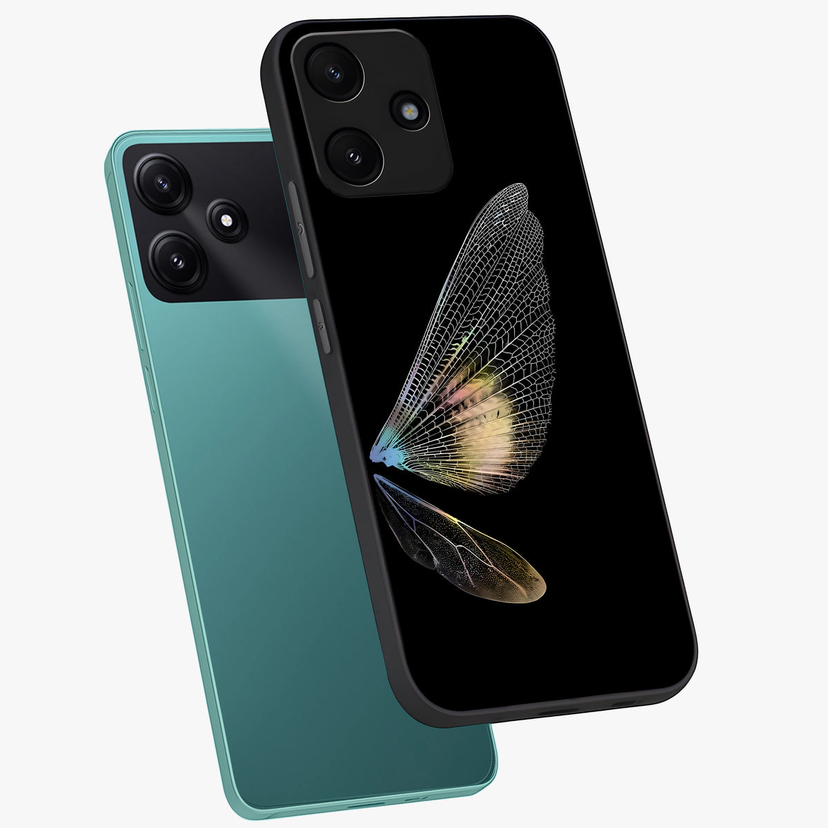 Whispers Of Wings Glass Case displayed in angled mockup highlighting soft feather design with celestial aesthetic style.
