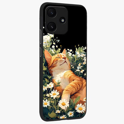 Blissful Bloom Cat Glass Case upright view showcasing charming cat design surrounded by blooming floral elements.