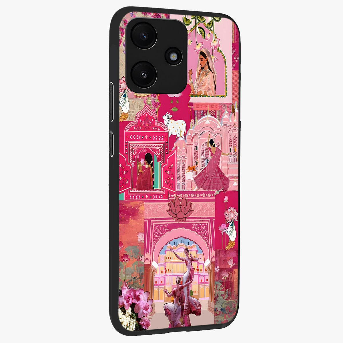 Blossoms of Rajasthan Glass Case upright view showcasing colorful floral design inspired by traditional Indian art.