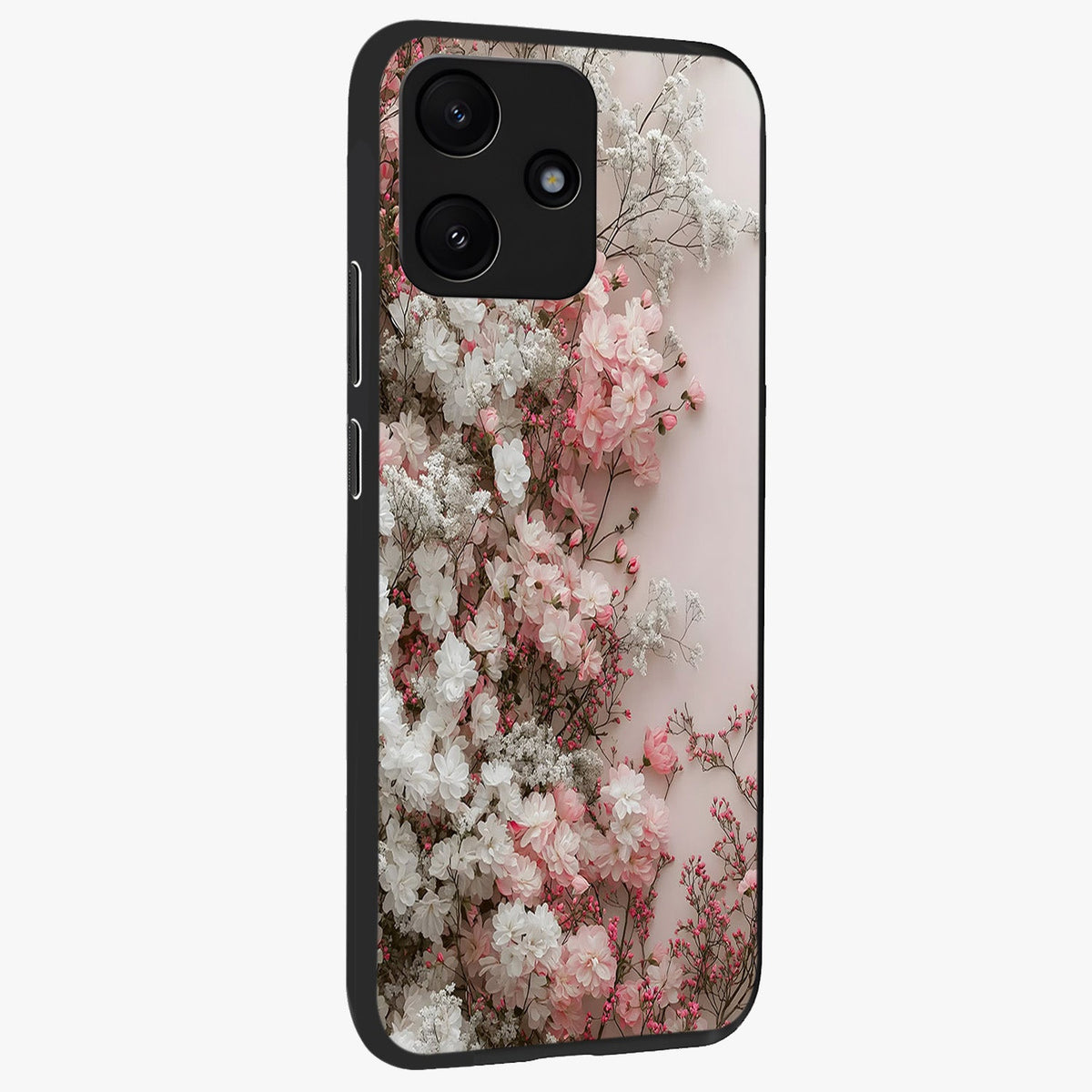 Blush Blossom Cloud Glass Case upright view showcasing calm floral cloud artwork with gentle dreamy theme.