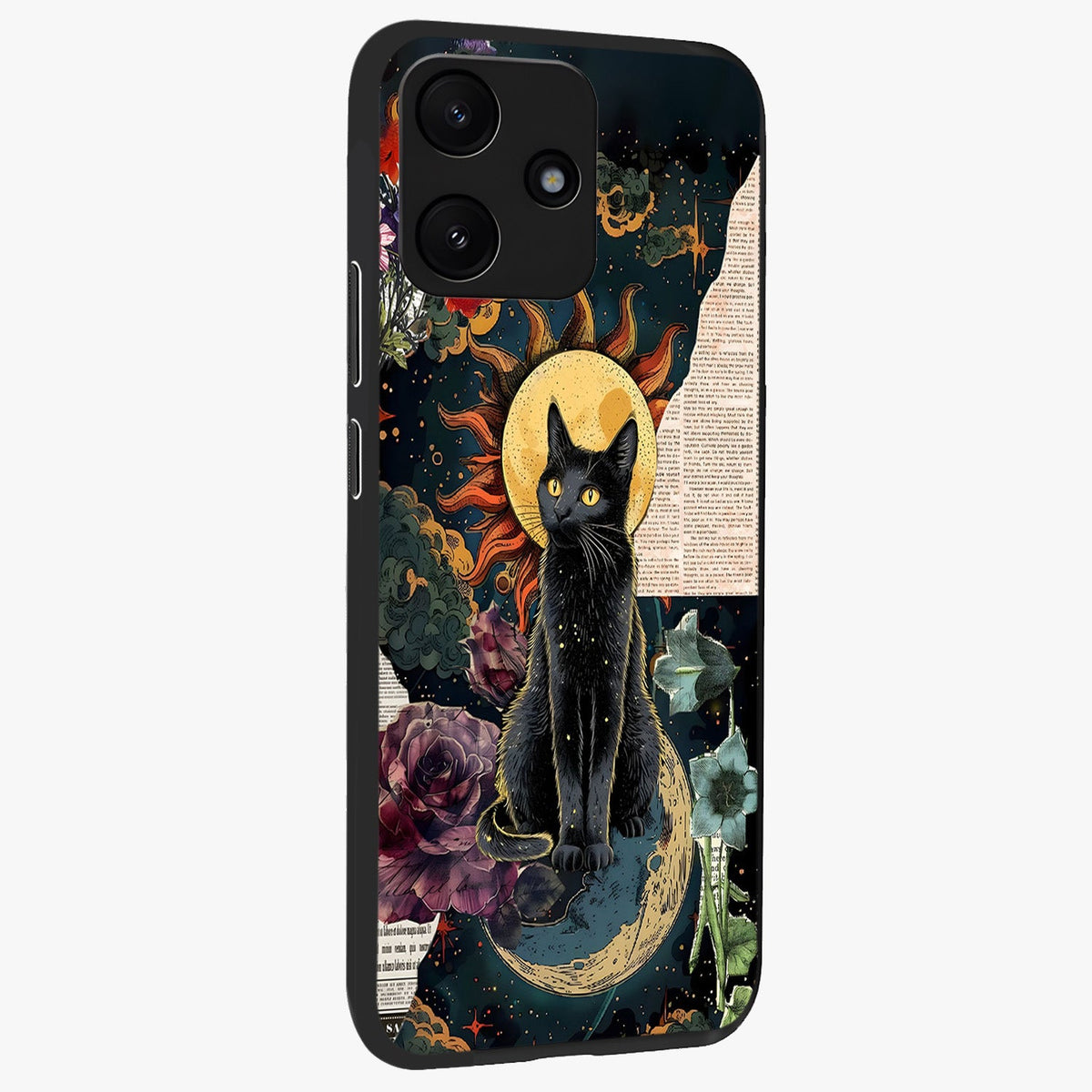 Celestial Black Cat Glass Case upright view showcasing magical black cat illustration with starry cosmic theme.