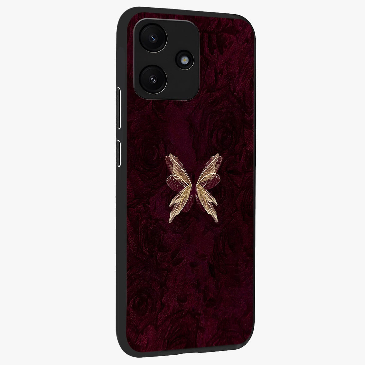 Crimson Fade Butterfly Glass Case upright view showcasing graceful butterfly artwork with soft crimson fade effect.