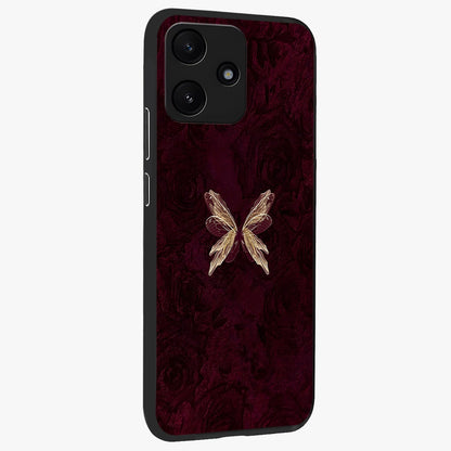 Crimson Fade Butterfly Glass Case upright view showcasing graceful butterfly artwork with soft crimson fade effect.