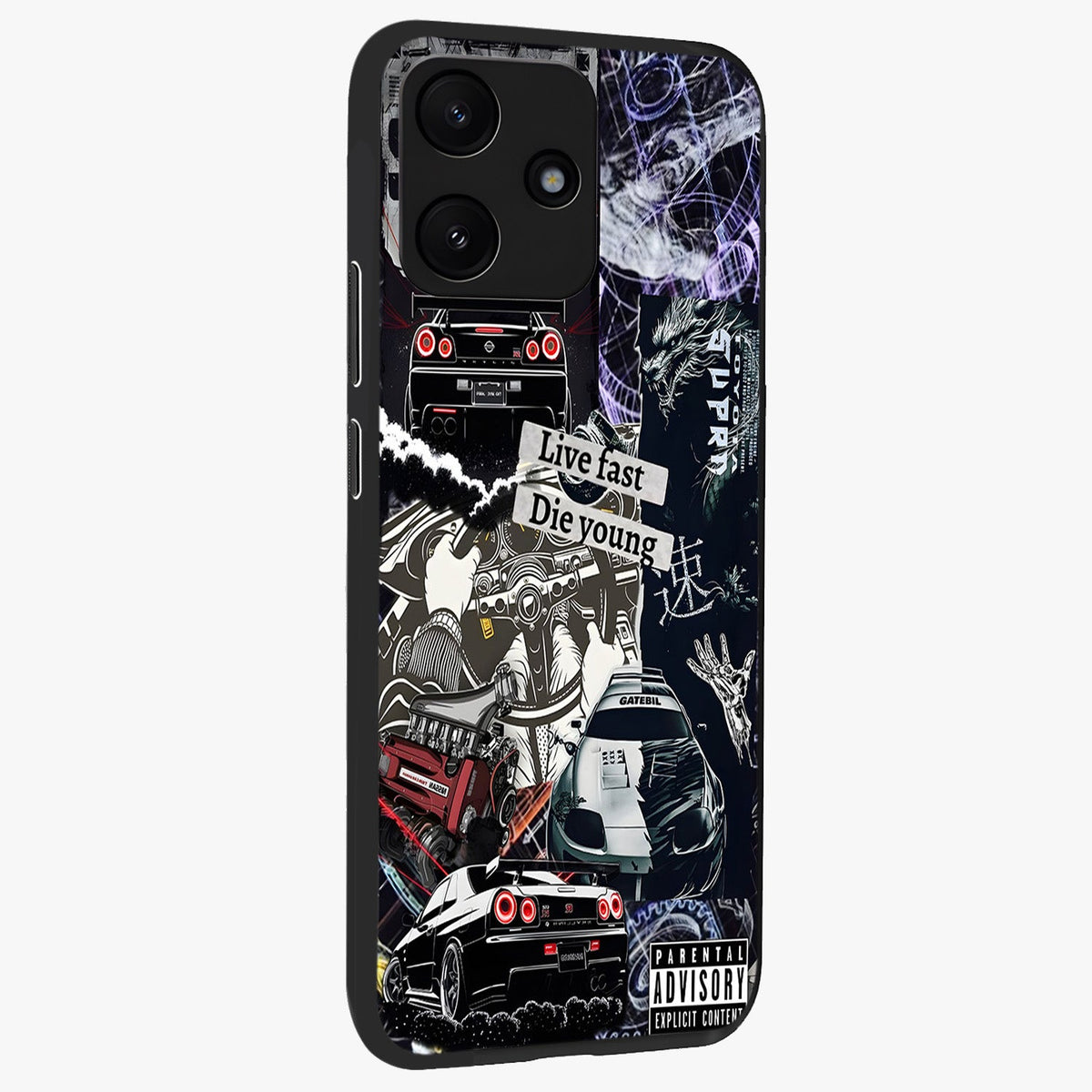 Die Young Glass Case upright view showcasing striking typography artwork with modern statement theme.