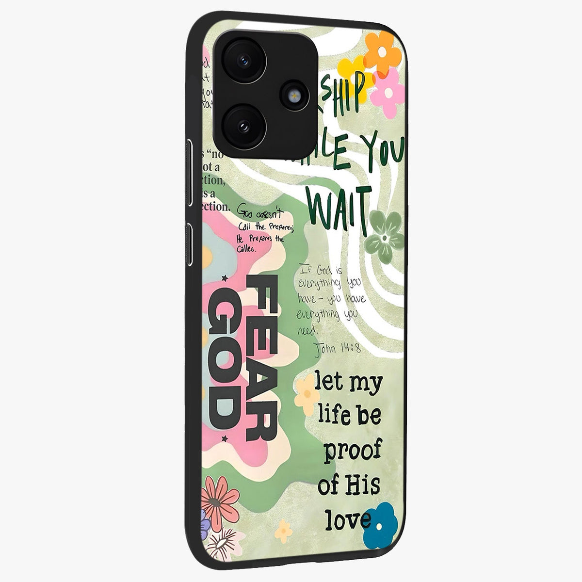 Faith Over Fear Glass Case upright view showcasing bold typography artwork with uplifting motivational theme.
