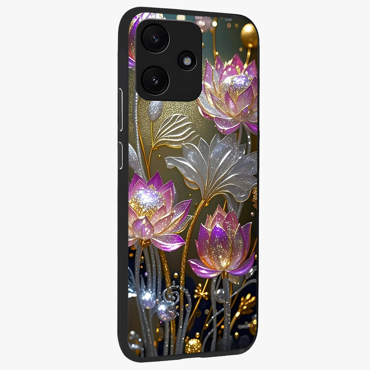 Golden Floral Majesty Glass Case upright view showcasing majestic floral artwork with rich decorative theme.