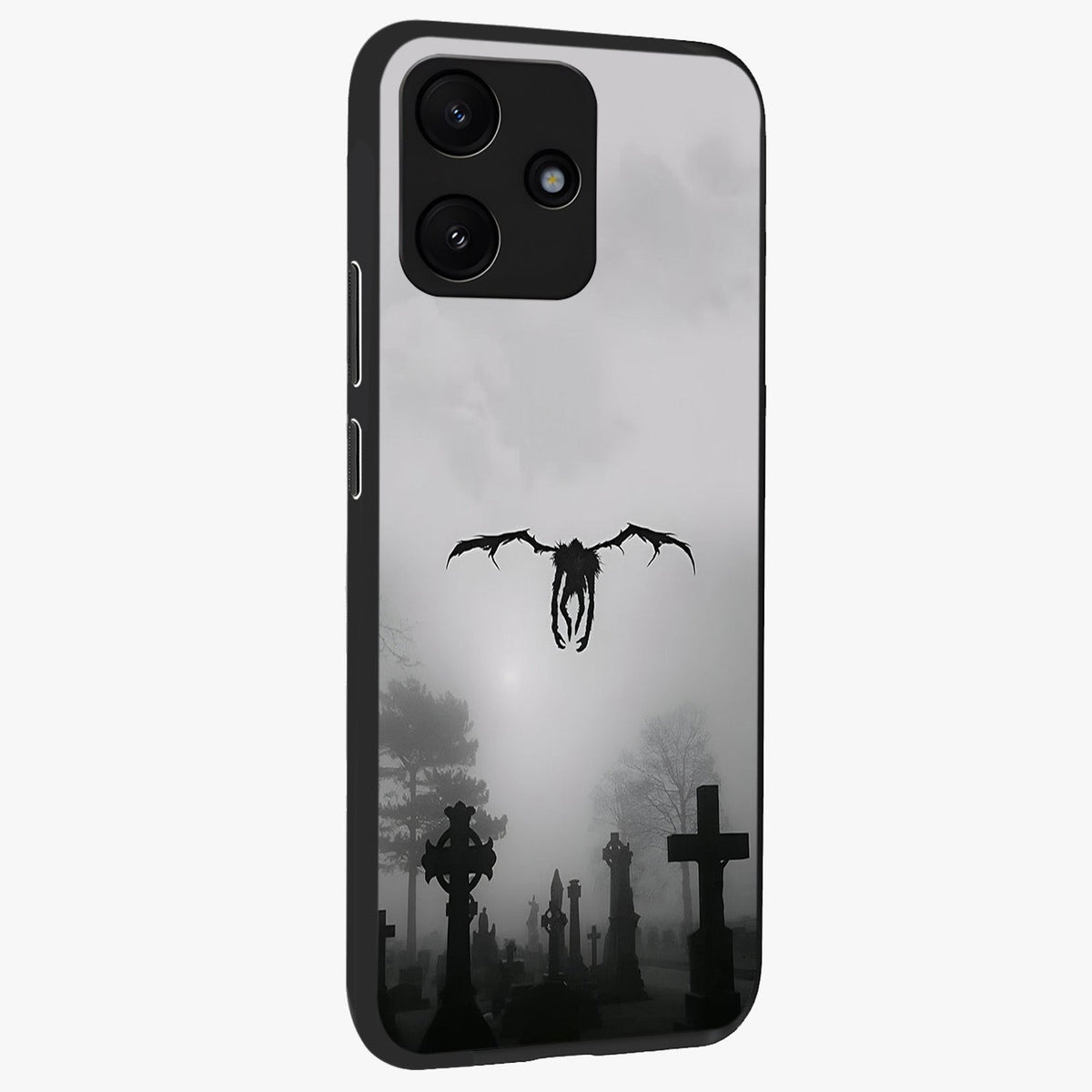 Graveyard Shadow Descent Glass Case upright view showcasing haunting graveyard artwork with dramatic dark theme.
