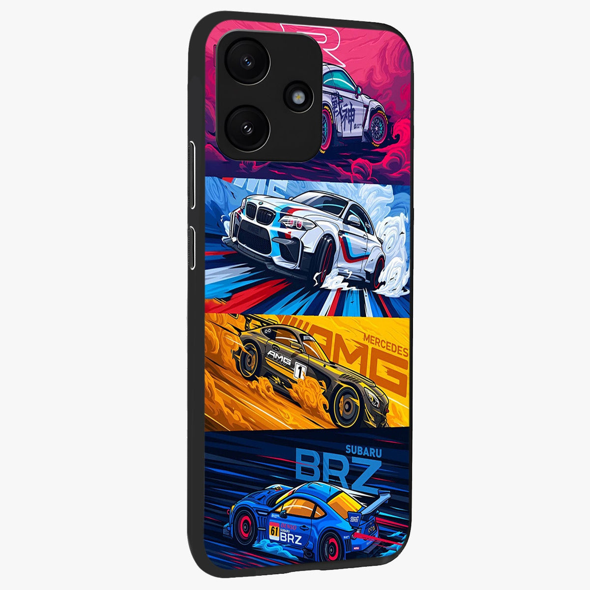 JDM Sports Car Glass Case upright view showcasing dynamic sports car artwork with bold racing theme.