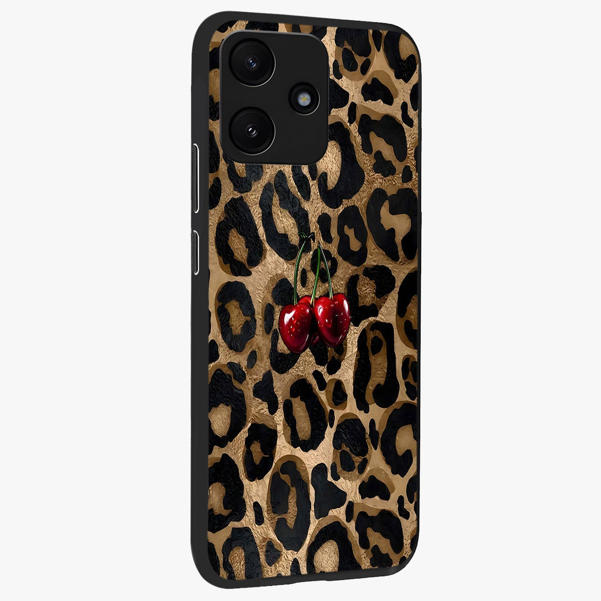 Leopard Wild Cherry Glass Case upright view showcasing stylish leopard pattern artwork with trendy fashion theme.