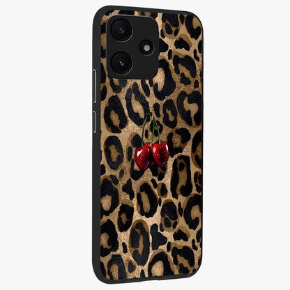 Leopard Wild Cherry Glass Case upright view showcasing stylish leopard pattern artwork with trendy fashion theme.