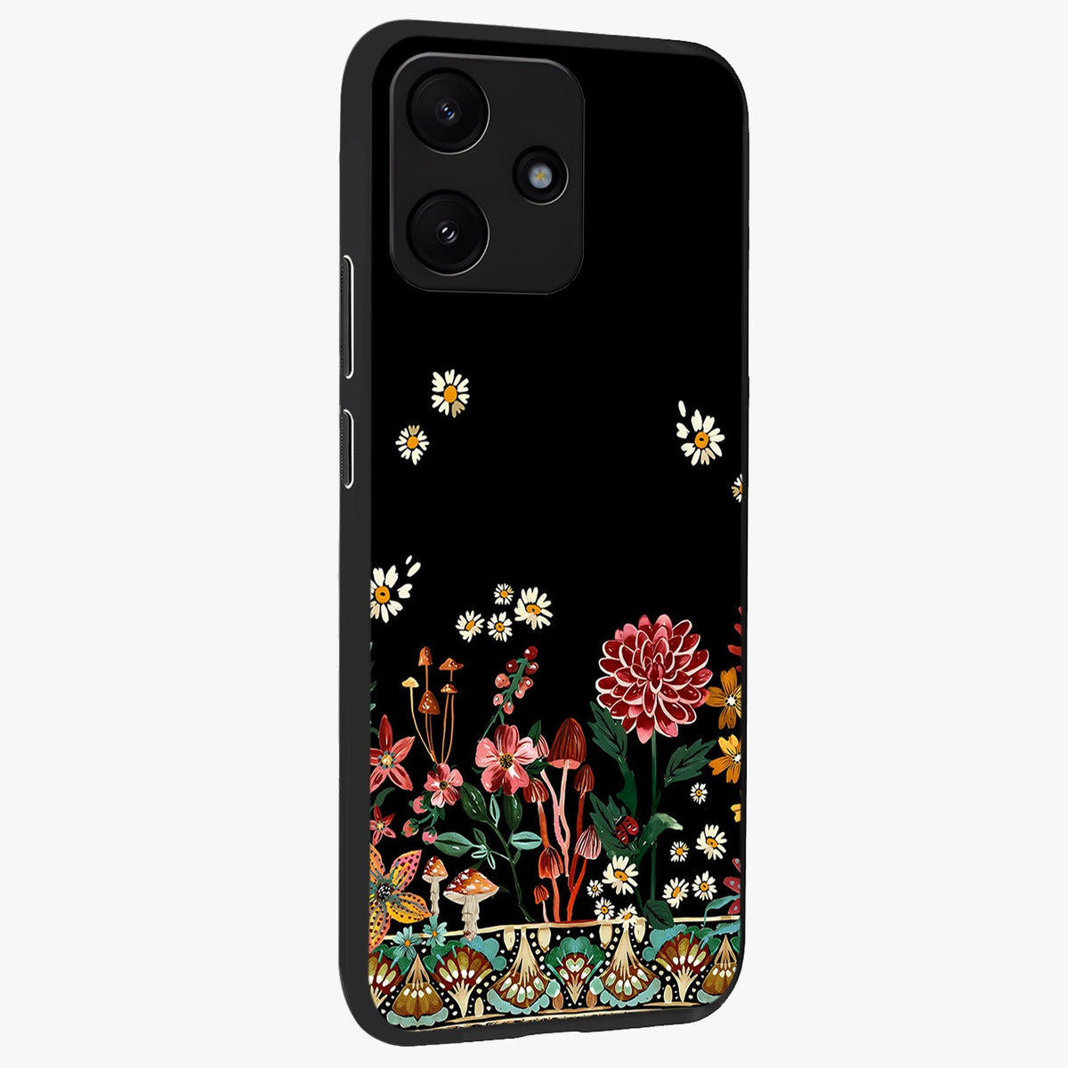 Midnight Bloom Pattern Glass Case upright view showcasing decorative floral artwork with deep night themed palette.