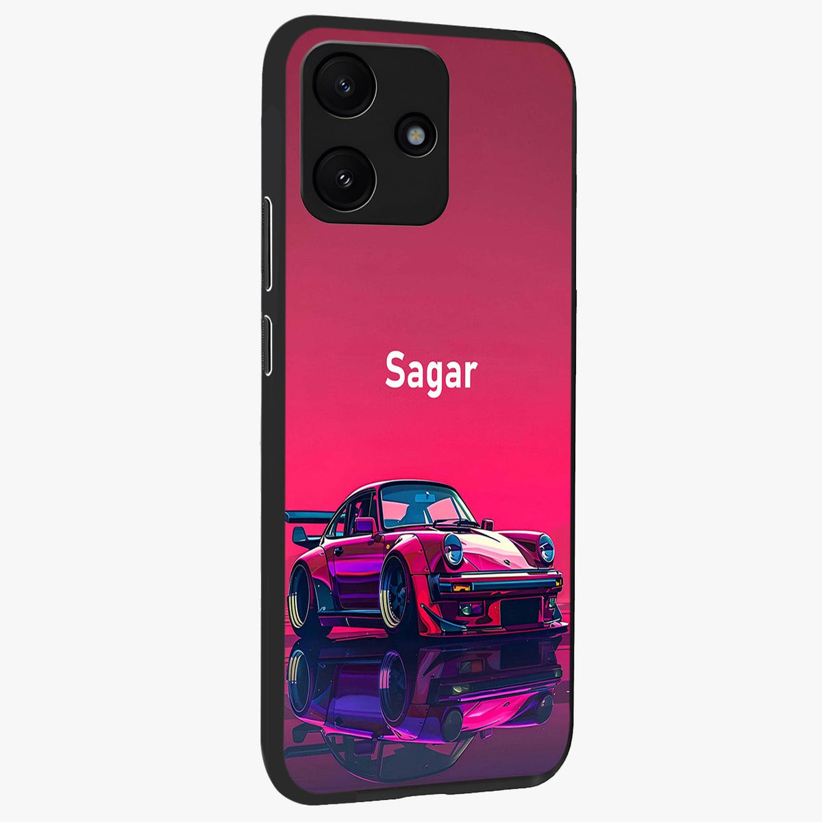 Neon Pink Porsche Glass Case upright view showcasing vibrant sports car artwork with bold automotive theme.