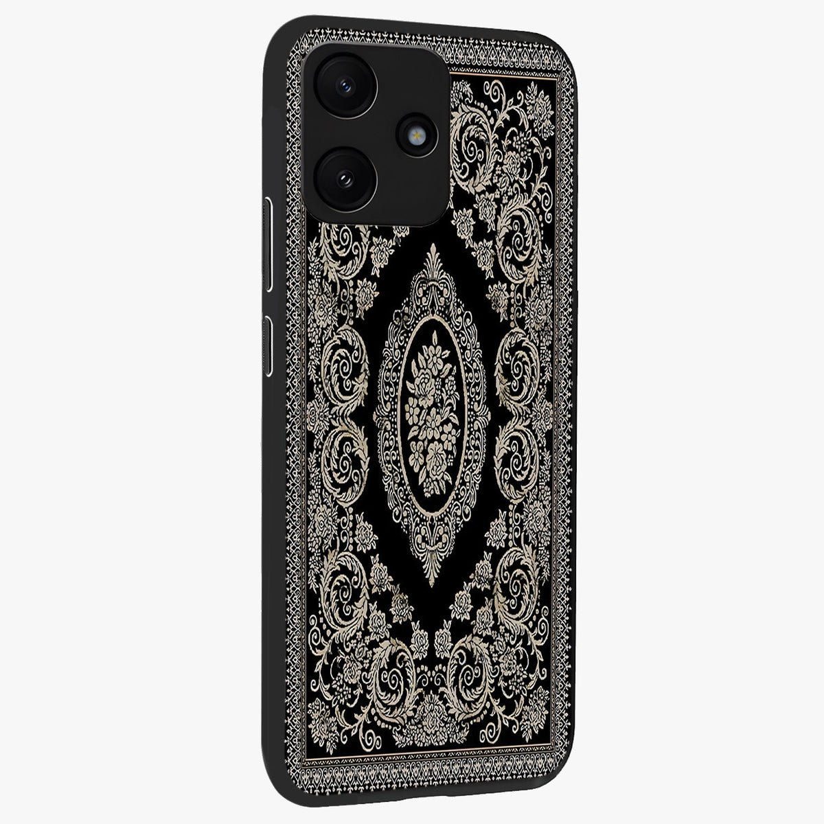 Noir Bloom Elegance Glass Case upright view showcasing graceful floral artwork with luxurious dark theme.